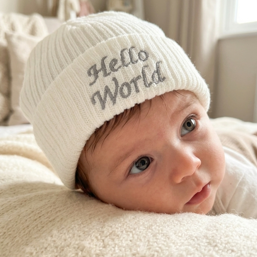 KW106: Baby Embroidered Hello World Knitted Hat (Newborn -3 Months) KW106: Baby Embroidered Hello World Knitted Hat (Newborn -3 Months)
